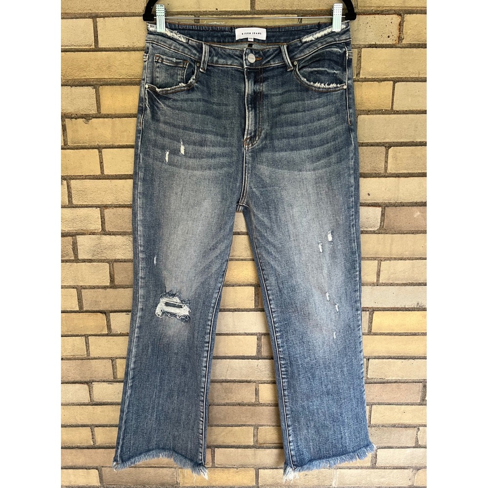 Risen Jeans High Rise Cropped Frayed Hem Distressed Medium Wash Denim Size 15 32